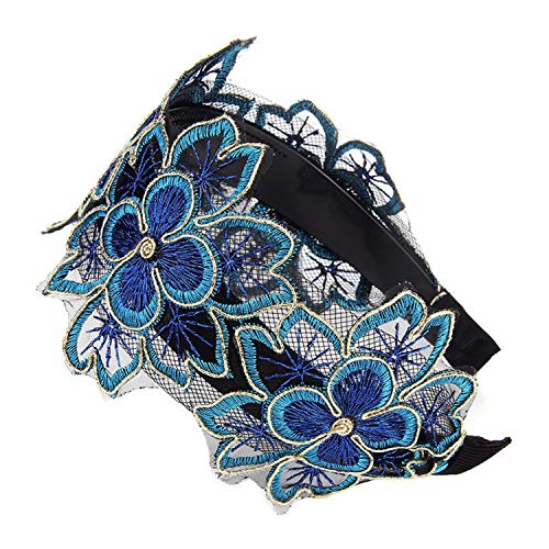 Honey bean ladies wide-brimmed lace flower headband headband breathable ladies headwear, multifunctional fashion headband headband hairpin, shiny female crown curly headband (peacock blue)