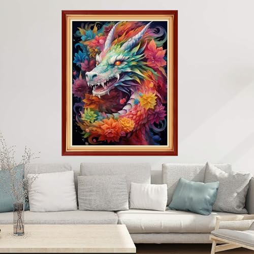 Image of Joyhoor Cross Stitch Kits for Beginners Stamped Cross-Stitch Supplies Needlework preprint Embroidery Kits for Adults DIY Needlepoint Kits Embroidery Patterns 11CT-Colored Dragon Flower 16x20 inchs