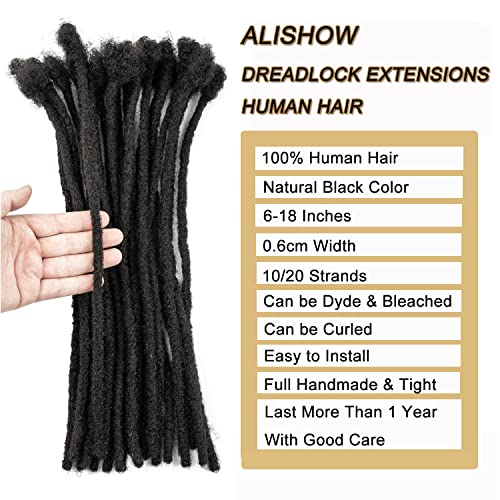 Alishow 6 Inch 100% Real Human Hair Dreadlock Extensions For Women/Men 0.6Cm Thickness 20 Strands Full Head Handmade Permanent Dread Locs Extensions Human Hair （#1B Natural Black) #TOP1