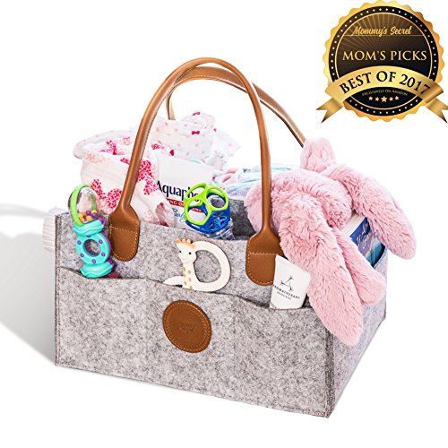 Image of Baby Diaper Caddy - Durable Nursery Diaper Holder With Leather Handles - Stylish Car Organizer With Multiple Pockets - Portable Storage Basket Case For Baby’s Essentials By Mommy’s Secret (Light Gray)
