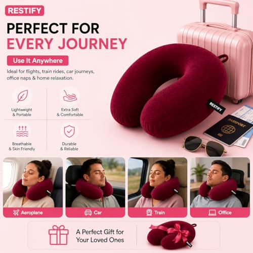 Image of Restify Premium Memory Foam Travel Neck Pillow | Soft Velvet U Shape Neck Support Cushion for Flight, Airplane, Car & Office Travel | Portable Pillow for Men & Women | Maroon