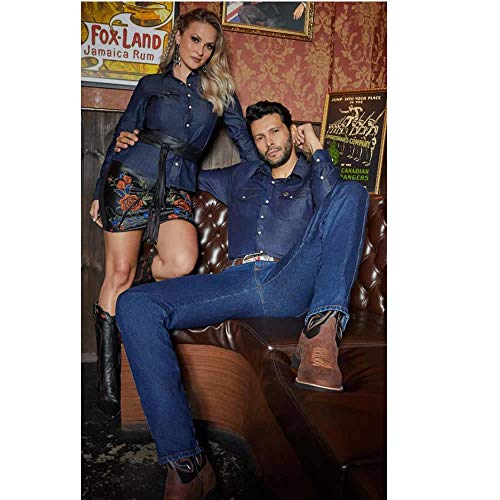 Camisa Jeans Masculina Terra de Peão Tradicional Tamanho:G;Cor:Azul-Marinho