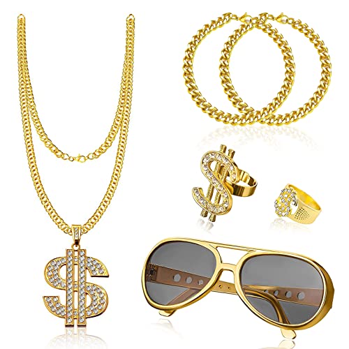 Idota 80er Jahre Outfit Herren 6 Stück Dollar Kette set, Goldene Dollar...