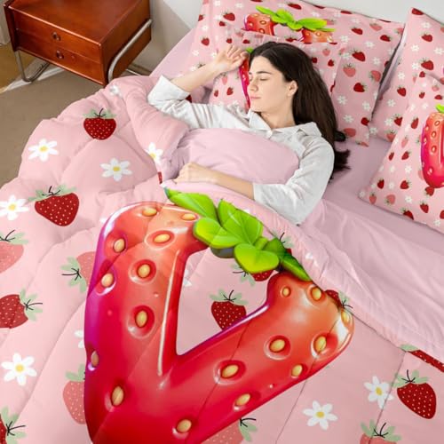 Image of Feelyou Girls Strawberry Full Comforter Set with Sheets for Kids Boys Girls Pink Strawberry 7 Pieces Bedding Set Initial Letter V Bed in a Bag Room Decor Soft Lightweight Microfiber
