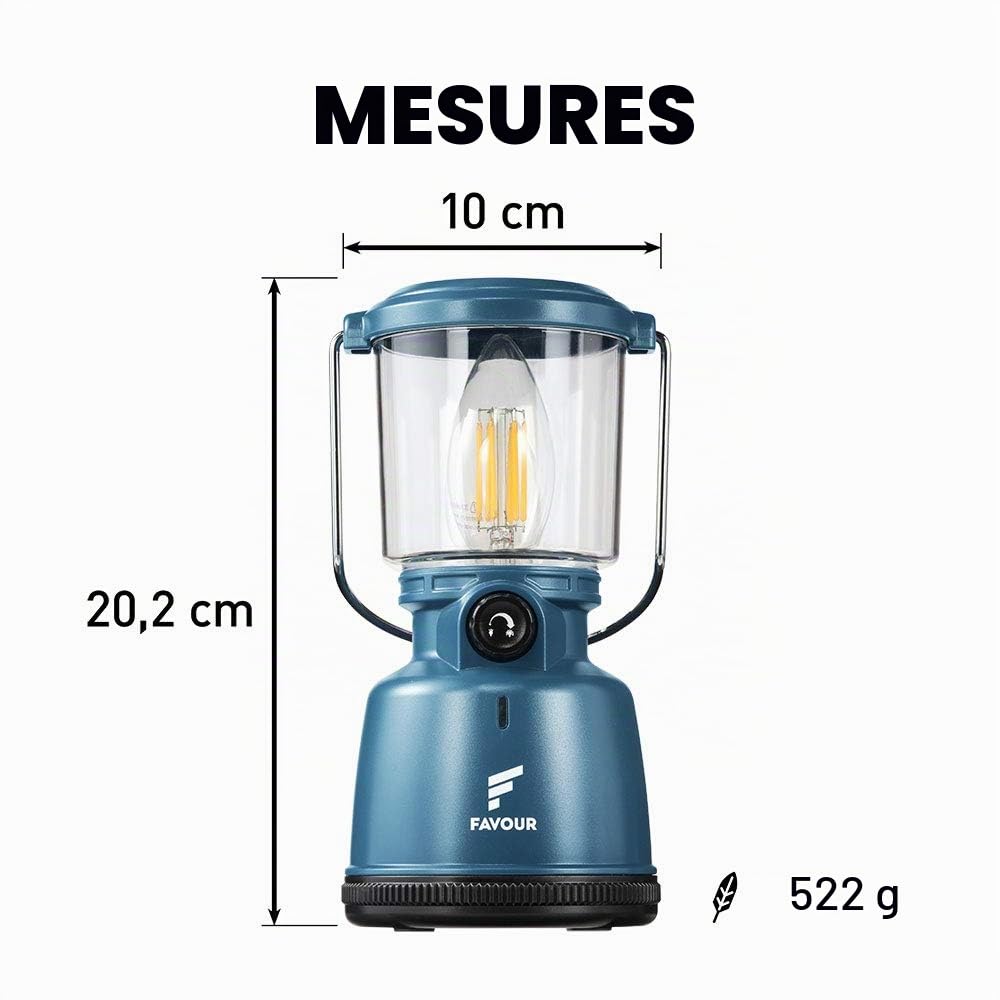 Favour Lampe LED Camping Rechargeable USB (inclus batterie), Style Retro | Lanterne exterieur 320 Lumens, Réglable en continu, Mode Éclairage Bougie, IP64 Étanche | Lampe de tente, crochet intégré