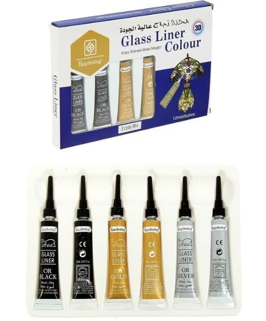 kreni Glass Liner Colors 3D Glass Color 12ml x 6 Tubes With Gold, Silver And Black Each 2Pcs tubes