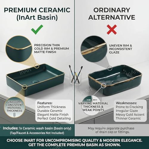 Image of Inart Ceramic Wash Basin | Counter Top Basin | Living room or Bathroom Table Top Basin | Green Matt Color 60 x 34 x 11 CM