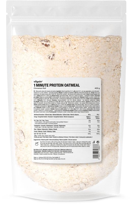 Vilgain 1 Minute Protein Oatmeal (400 g) Cinnamon Roll – 31 g Protein, High Fiber & Low Sugar, Cremige Hafermahlzeit Ohne Zuckerzusatz, Glutenfreie Mischung Mit Echtem Zimt & Pecannüssen