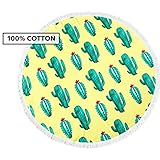 【CARACTERÍSTICAS 】: Toalla redonda 100% algodón, por un lado tiene algodón de rizo, y por el lado contiene algodón con acabado jacquard, tiene 120cm diámetro, es de gran suavidad y absorción en ambos lados. Los bordes tienen una cenefa decorativa para una mayor resistencia en el acabado. Estampado de cactus de color amarillo, verde y rojo.