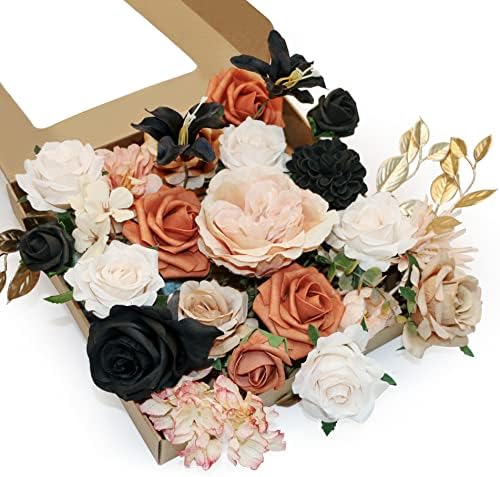 Weslymoo Artificial Flowers Combo Box Set Faux Burnt Orange Flowers for Wedding Bouquets Table Centerpieces Baby Shower Party Cake Decorations Home Decorations（Burnt Orange&Black）