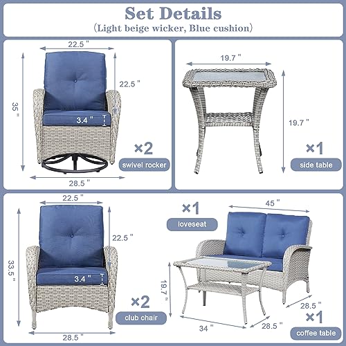 Patio-Conversation-Sets-Wicker-Furniture-7-PCS-Outdoor-Swivel-Rocker-Furniture-Set-for-Patio-Deck-Poolside-2-Swivel-Rockers-2-Club-Chairs-2-Rattan-Tables-1-Loveseat-Included-Blue-Cushion Patio Conversation Sets Wicker Furniture 7 PCS Outdoor Swivel Rocker Furniture Set for Patio Deck Poolside 2 Swivel Rockers 2 Club Chairs 2 Rattan Tables 1 Loveseat Included Blue Cushion