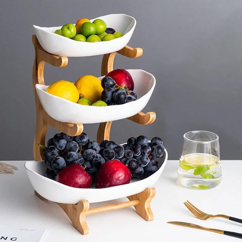Image of 3 Tier PLASTIC Fruit Bowl With Bamboo Wood Stand for Kitchen Counter,Porcelain Fruit Basket for Vegetable Storage,Snack Dessert Cake Tray Plate Rack for Party Wedding - White