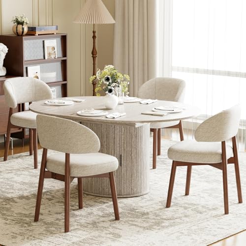 Image of MALOL 47 inch-63 inch Extendable Round to Oval Dining Room Table Chairs Set for 4-8, Modern Wooden Kitchen Table and Chairs with Hidden Storage and Fluted Design for Dining Room /Small Space(White and Beige)