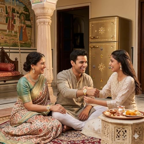 Image of SAUDEEP INDIA Decorative Fridge Magnet for Refrigerator Decor | Free Lumba Rakhi Set for Bhaiya Bhabhi | Raksha Bandhan Gift Combo | Cotton Thread Couple Rakhi Festive Gift Home Decor(Yellow Stone)