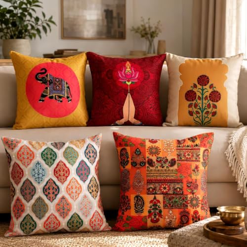 Image of Decorative Satin Sofa Cushion Covers Set of 5, 16 x 16 Inches, Multicolor Floral Printed Pillow Covers for Living Room, Bedroom, Couch & Sofa, Soft Glossy Fabric, Zipper Closure