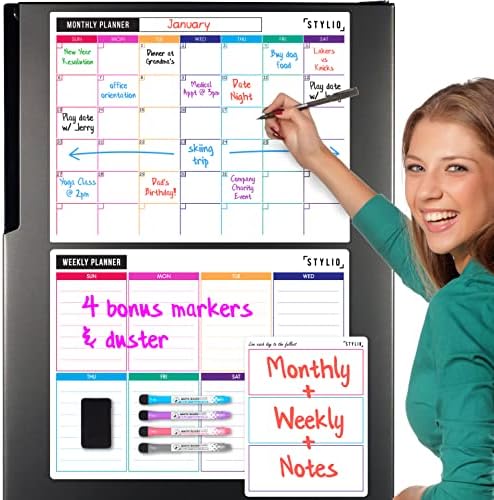 STYLIO Dry Erase Calendar Whiteboard. Set of 3 Magnetic Calendars for Fridge: Monthly, Weekly Organizer & Daily Notepad. Refrigerator & Wall Family Calendar. 4 Fine Point Markers & Eraser Included