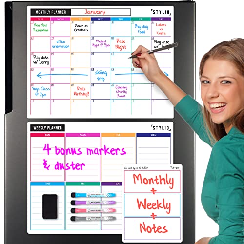 STYLIO Dry Erase Calendar Whiteboard. Set of 3 Magnetic Calendars for Fridge: Monthly, Weekly Organizer & Daily Notepad. Refrigerator & Wall Family Calendar. 4 Fine Point Markers & Eraser Included #1