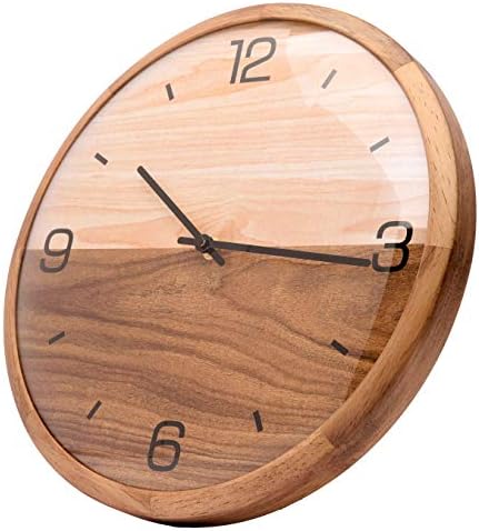 Driini Analog Dome Glass Wall Clock (10") - Pine Wood Frame with Two-Tone Wooden Face - Battery Operated with Silent Movement - Large Decorative Clocks for Classroom, Office, Living Room, or Bedrooms.