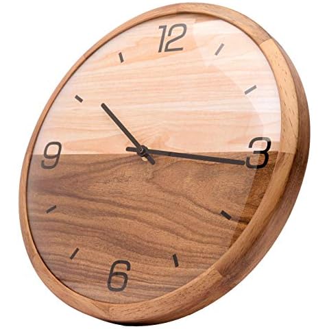 Driini Analog Dome Glass Wall Clock (12") - Pine Wood Frame with Two-Tone Wooden Face - Battery Operated with Silent Movement - Large Decorative Clocks for Classroom, Office, Living Room, or Bedrooms Cover