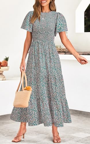 Image of PRETTYGARDEN Women's 2026 Summer Casual Flutter Short Sleeve Boho Floral Maxi Dress Crew Neck Smocked Tiered Long Dresses