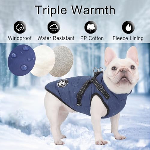 LUOWAN Hundemantel Wasserdicht, Hundemantel Französische Bulldogge, Warme Weste mit Hundegeschirr, Verschiedene Größen,Hundejacke für Kleine Hunde