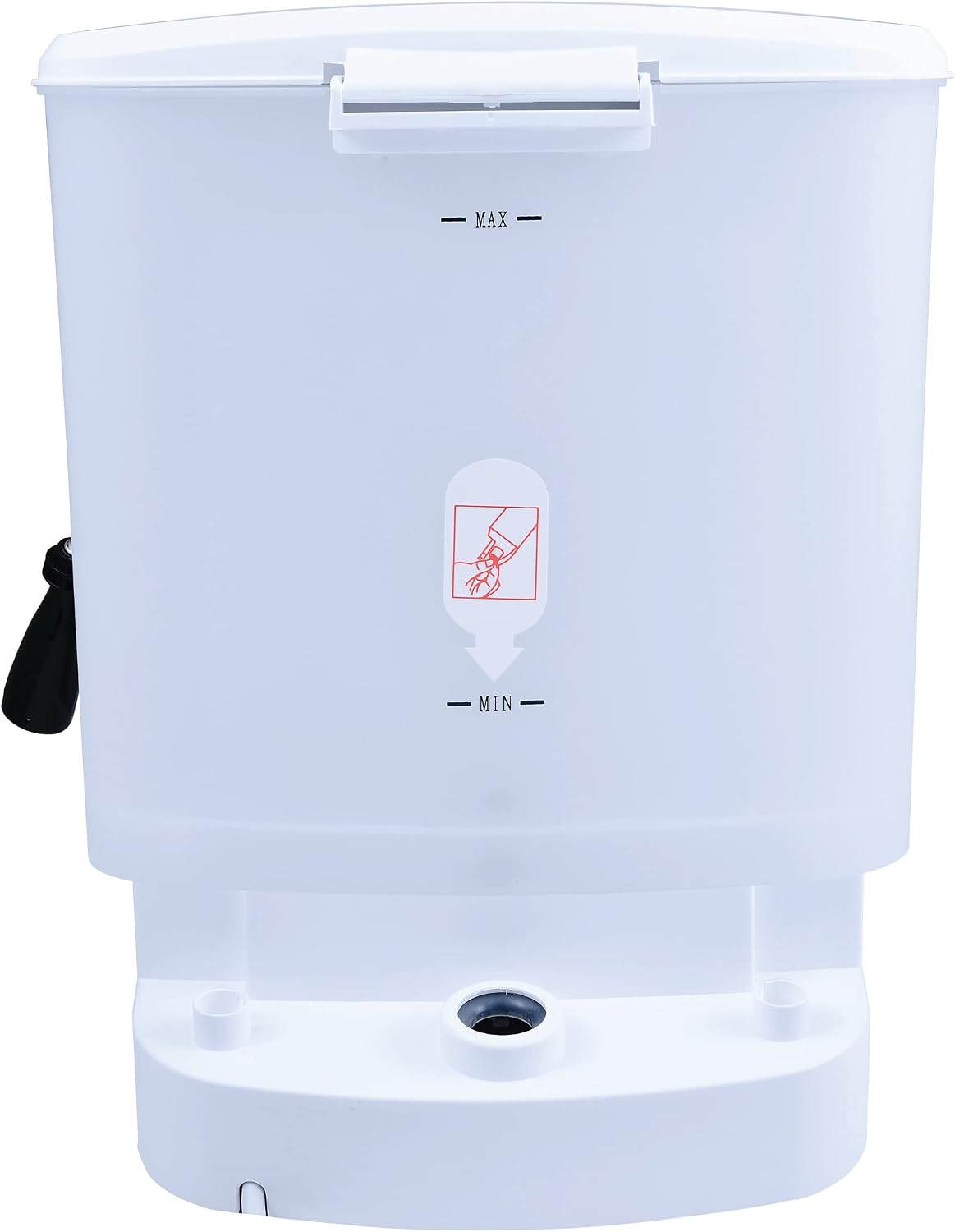 Rear view of the coffee maker, highlighting the removable water tank with MAX/MIN indicators