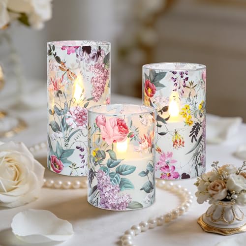 Image of CRYSTAL CLUB Floral Glass Flameless Candles Battery Operated with Remote, Realistic LED Flickering Pillar Candle for Wedding, Home Decor