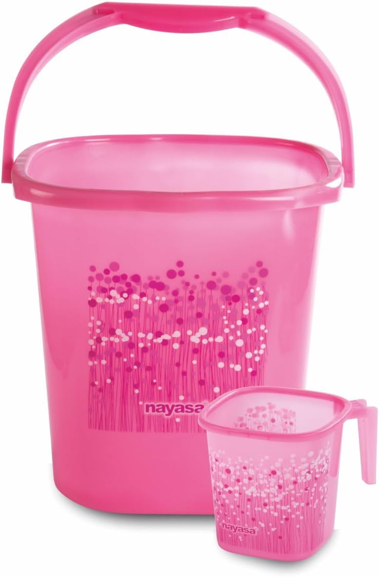 Nayasa Square Ring Funk Plastic 2 Pc Set for Bathroom | Bucket and Mug (25 Liters & 1.5 Liters)| Bathroom Accessories Set | Pink