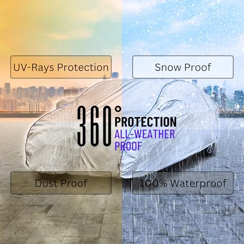 Image of Kerwa Car Body Cover Waterproof Compatible with TATA Indigo ECS | Scratch Proof, Anti-Dust, UV Protection | Windproof Buckle Strap | Fitted Bottom Elastic | Side Mirror Pockets-Silver
