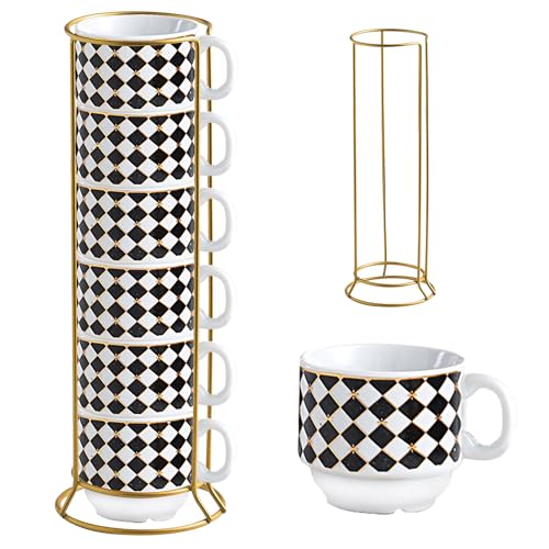 Hogar, Kitchen DOTOTO Taza de café expreso de porcelana, Juego de 6 tazas de café apilables de porcelana con estante, con soporte de metal (6, negro-D)