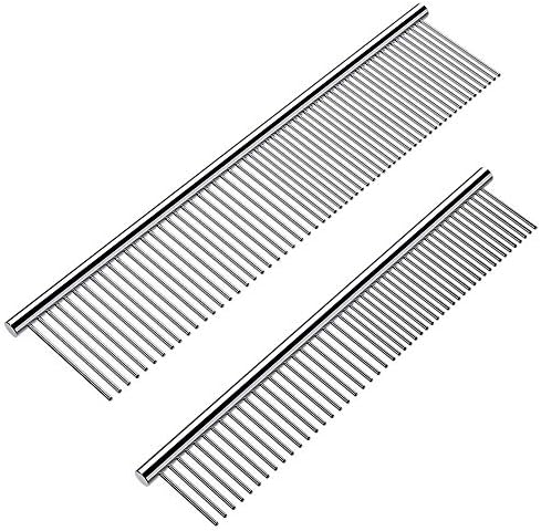 Cafhelp 2 Pack Dog Combs with Rounded Ends Stainless Steel Teeth, Cat Comb for Removing Tangles and Knots, Professional Grooming Tool for Long and Short Haired Dog, Cat and other pets, 6.3IN/7.4IN