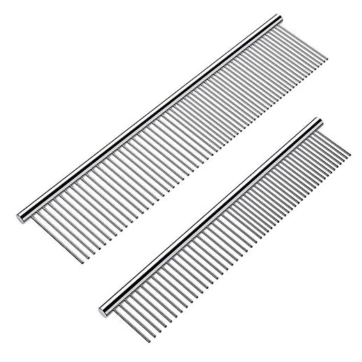 Cafhelp 2 Pack Dog Combs with Rounded Ends Stainless Steel Teeth, Cat Comb for Removing Tangles and Knots, Professional Grooming Tool for Long and Short Haired Dog, Cat and other pets, 6.3IN/7.4IN