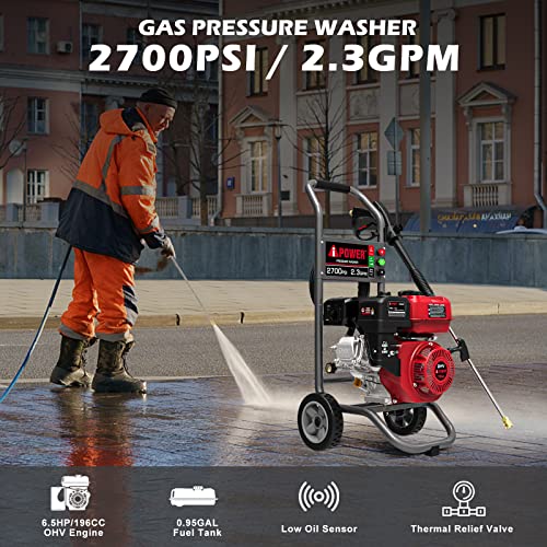 A-iPower APW2700C Gas Powered Pressure Washer 2700 PSI and 2.3 GPM 7HP with 3 Nozzle Attachments, CARB Compliant, Red