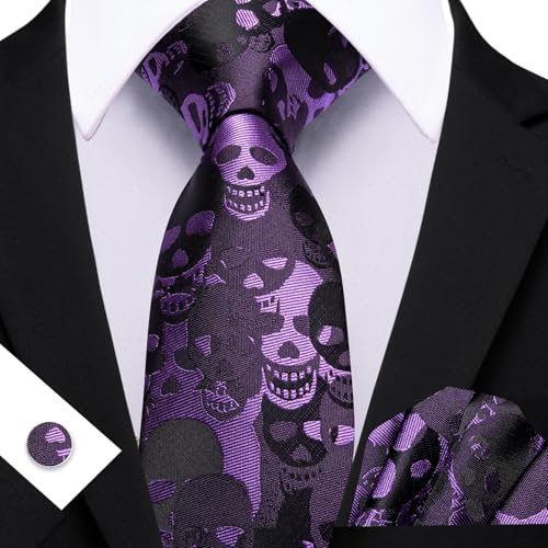 Image of Barry.Wang Man Tie Sets Skull Ties Animal Extra Long Necktie Silk Woven Handkerchief Cufflinks Festival Party Gift