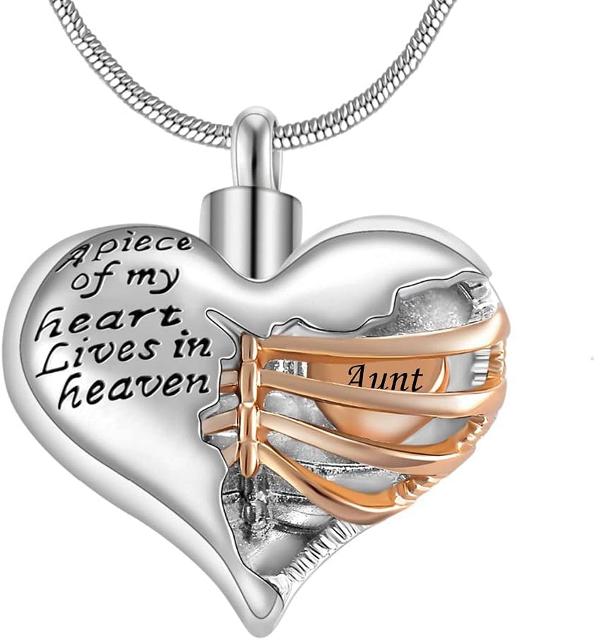 Stainless Steel A Piece of My Heart lives in heaven Two Tone Locket Heart Pendant Cremation Keepsake Ash Holder Memorial Urn Necklace for Ashes with Funnel Kit (aunt)