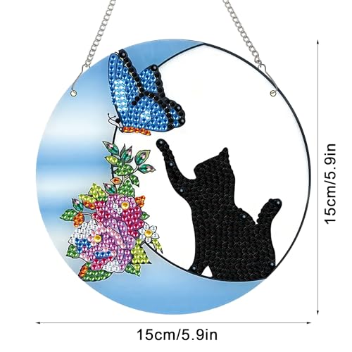 Image of AiYuanzsh Diamond Painting Hanging Pendant Kit for Adults, Crystal Rhinestone Cat & Butterfly Diamond Art Suncatcher Ornament for Door, Wall, Window, Home Decor