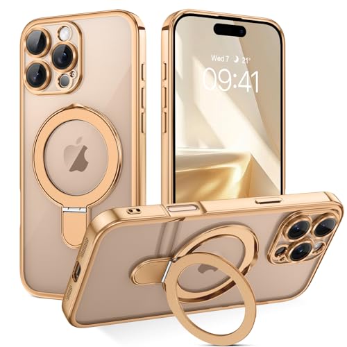 VENINGO Funda Magnética para iPhone 16 Pro con Soporte,Compatible con MagSafe, Carcasa Protección Grado Militar, Cover Resistente a arañazos y al amarillamiento, Case Diseño Transparente, Oro