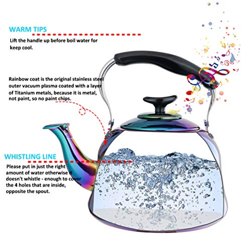 Whistling Tea Kettle Stainless Steel Teapot Rainbow Teakettle for Stovetop Induction Stove Top Fast Boiling Heat Water Tea Pot Colorful 2-Liter 2.1-Quart - Thumbnail 3