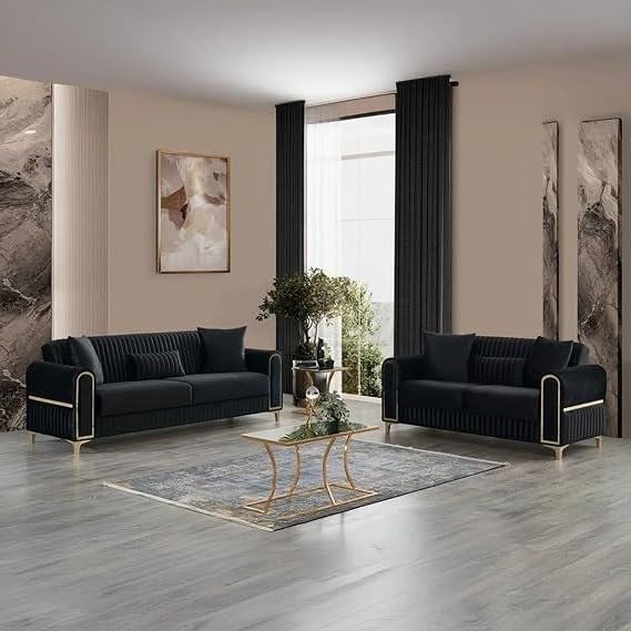 Image of A to Z Furniture Classic Chesterfield Sofa Set Luxury Chesterfield Sofa in for Home Living Room & Office (3+2=5 Seater Sofa Black)