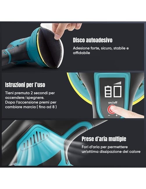 Lucidatrice Orbitale Senza Fili | 8 Velocità diverse | Multifunzione per Auto, Legno e Ruggine | 12V