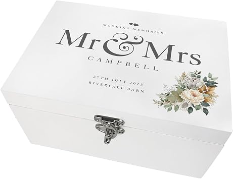 Personalised White Wooden Boho Flower Wedding Keepsake Box | Custom Surname, Venue and Date | Wedding Gift | 22 x 15 x 10cm