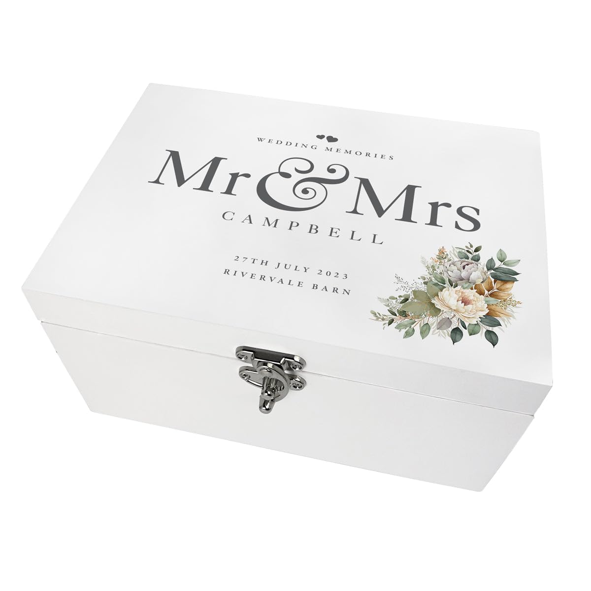 Caja de recuerdos de boda personalizada de madera blanca con flores bohemias | Apellido, lugar y fecha | regalo de boda | 22 x 15 x 10 cm