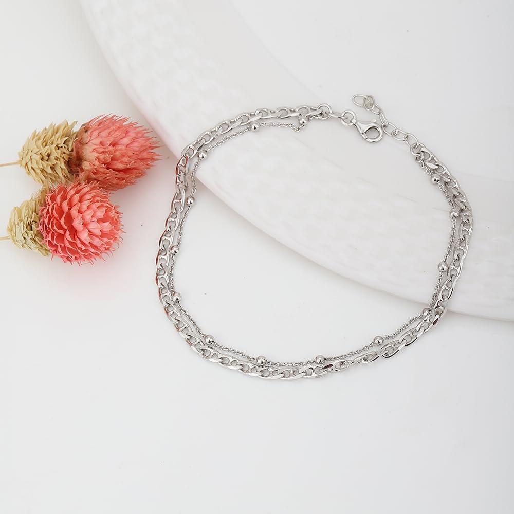 Vanbelle Sterling Silver Jewelry - Rhodium Plated 925 Stamp - Double Layered Beaded Chain Anklet - Foot Jewelry Stylish Beautifully Designed - 9" Long + 1" Extender - Image 7