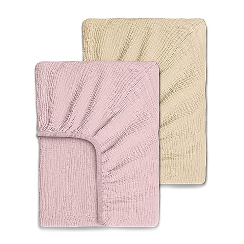 Image of Yunioo Ultrasoft Muslin Baby Crib Sheets Neutral for Boy or Girl, 100% Organic Cotton Boho Fitted Crib Sheet in 2-Pack, Universal Fit Crib Mattress Sheet Set, 52 x 28”- Cream-Mauve