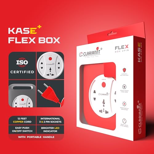 Image of Kase Plus 12 Feet Extension Flex Box with LED Light & Easy Switch (6A) | Heavy Duty Copper Cord, International Multi Plug Power Strip