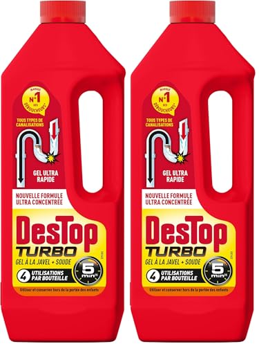 Destop Turbo - Gel désinfectant et déboucheur canalisation - Selon le type d'utilisation - 1L (Lot de 2)