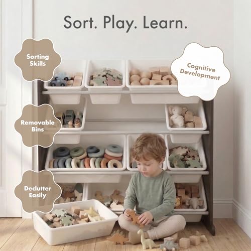 Image of Humble Crew Toy Storage Organizer with 12 Removable Storage Bins for Kids Playroom, 4-Tier Toddler Toy Organization, Espresso /White