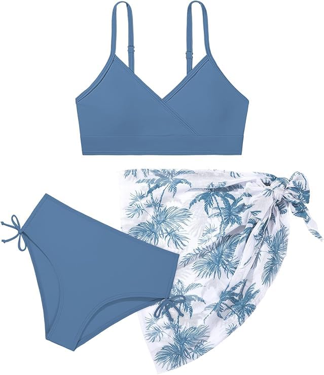 Image of Girls Swimsuit V Neck Bikini Set Color Block with Cover Up Skirt 3 Piece Bathing Suits Tween Swimwear 9-16 Years