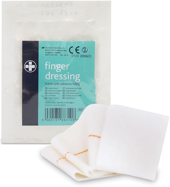 Reliance Medical Rel310 Small Finger Dressing With Adhesive Fixing And More Protection, Features Peelable Tab Sticky Patch. Stretch Bandage And Adhesive Strip Tab 3.5 cm (10 Pieces)