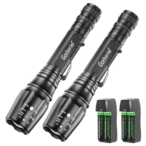NAKCNM LED Flashlight 2 Pack Rechargeable Tactical Handheld Flashlights 5000LM High Lumens Super Bright 5 Modes Waterproof Flash Light with Charger and Pocket Clip for Camping Outdoor Emergency, Black